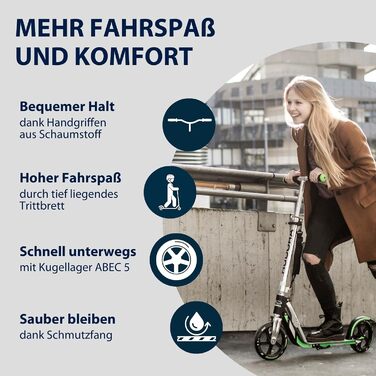 Самокат HUDORA BigWheel 205 стабільний алюмінієвий міський самокат, складаний, з регулюванням висоти та підніжкою, для дітей та дорослих (до 100 кг), чорний/антрацит