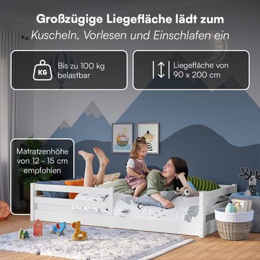 Ліжко Bellabino Iskri на підлозі 90x200 см Дитяче ліжко Монтессорі із захистом від падіння та рейковою основою Дерев&39яне ліжко для хлопчиків та дівчаток з масиву сосни білого кольору Ліжко для малюків білого кольору 90x200 см без матраца