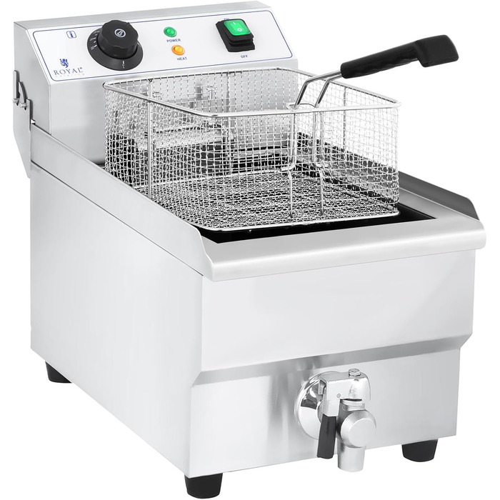 Електрична фритюрниця Royal Catering Fryer з нержавіючої сталі RCEF 10EH-1 (10 літрів, потужність 3 000 Вт, термостат, зливний кран, нержавіюча сталь)