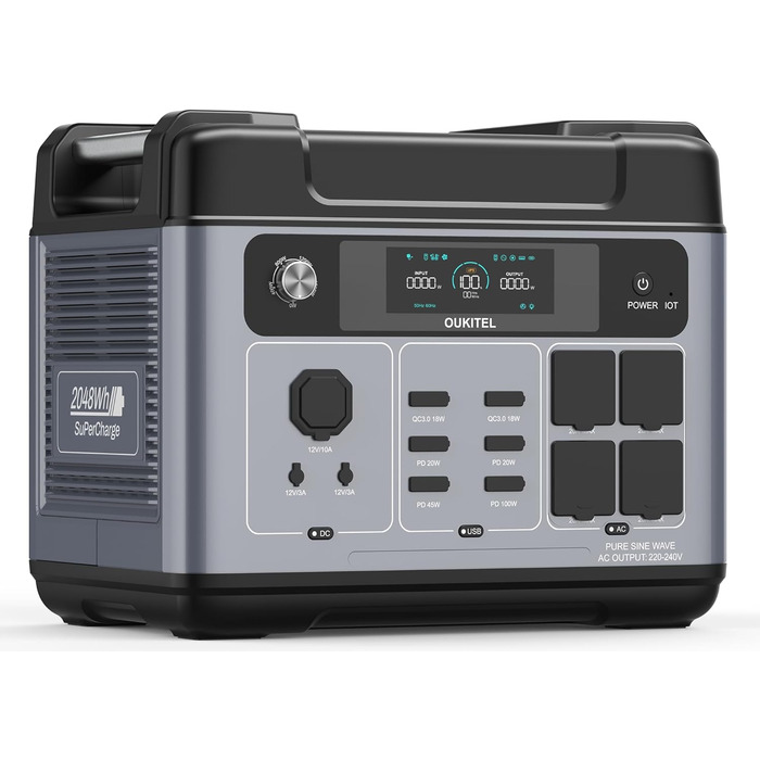 Портативна електростанція Oukitel P2001 Plus 2400 Вт (пікова потужність 4800 Вт), сонячний генератор 2048 Втгод, акумулятор LiFePO4, повна зарядка за 1,2 години, додаток, 13 виходів, ДБЖ, портативна електростанція для кемпінгу, автофургона, дому