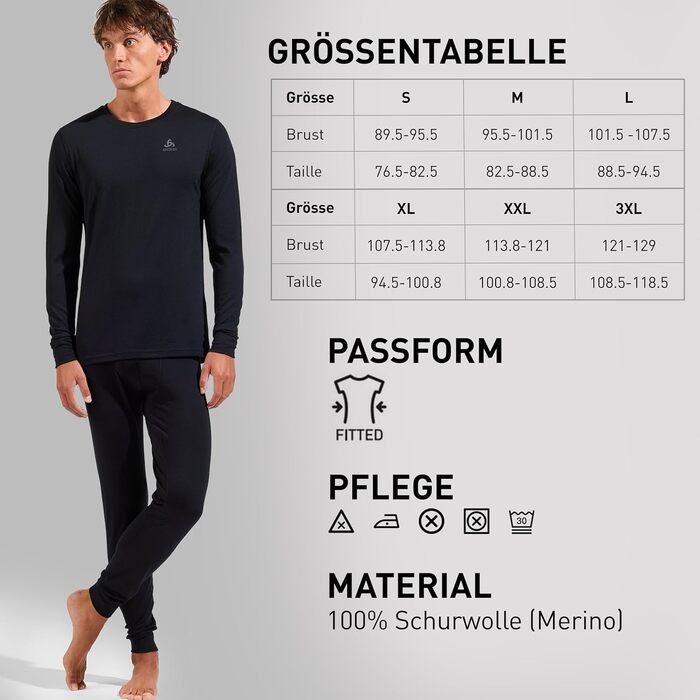 Термобілизна Odlo з мериносової вовни для чоловіків 200 Білизна з мериносової вовни Термосорочка з довгими рукавами Термосорочка з довгими рукавами та круглим вирізом Чоловіча, чорного кольору, XL