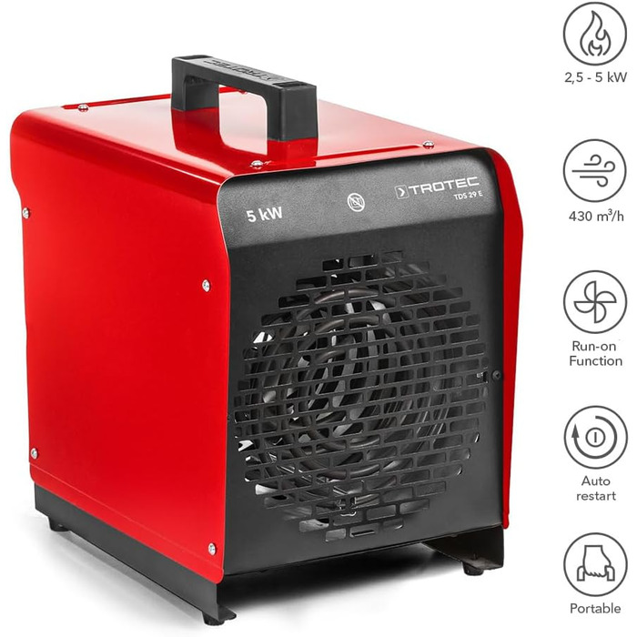 Тепловентилятор TROTEC TDS 29 E теплова потужність 2,5 кВт / 5 кВт будівельний обігрівач, об&39єм повітря 430 м/год тепловентилятор для майстерень, промисловості, цехів, гаражів
