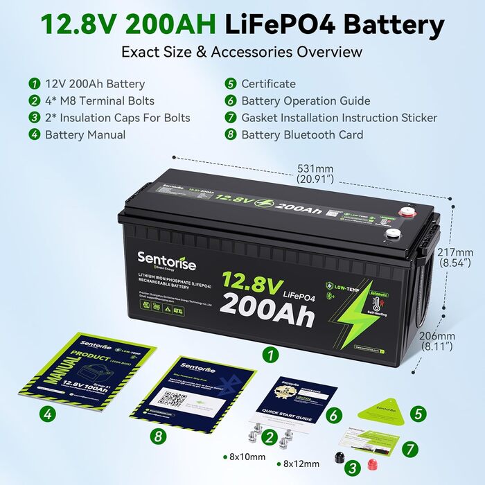 Літій-іонний акумулятор 12V 200Ah LiFePO4 з Bluetooth-моніторингом, самонагріванням, захистом від перегріву та акумуляторами BMS 200A для автофургонів, кемпінгів, сонячних панелей, гольф-карів та домашніх автономних систем 12200-BT-Heat