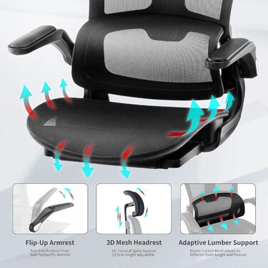 Ергономічне офісне крісло з адаптивною поперековою опорою, крісло керівника з карбонової сітки, комп&39ютерне крісло з високою спинкою та сидінням-водопад, вантажопідйомність 150 кг. Нейлон.