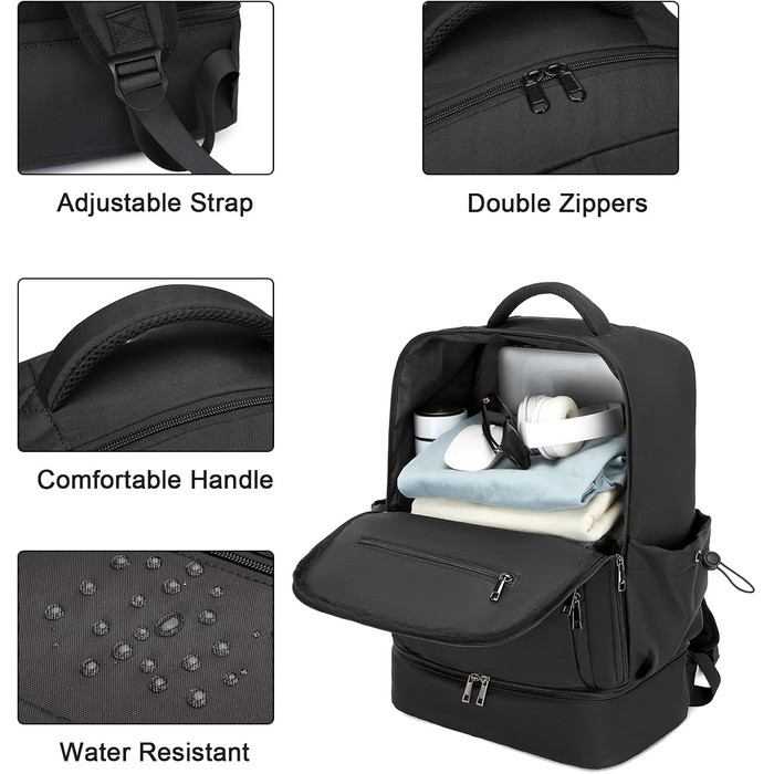 Чоловічий спортивний рюкзак Seyfocnia, водонепроникний рюкзак з відділенням для взуття, легкий дорожній рюкзак, чорний 20 дюймів темно-чорний