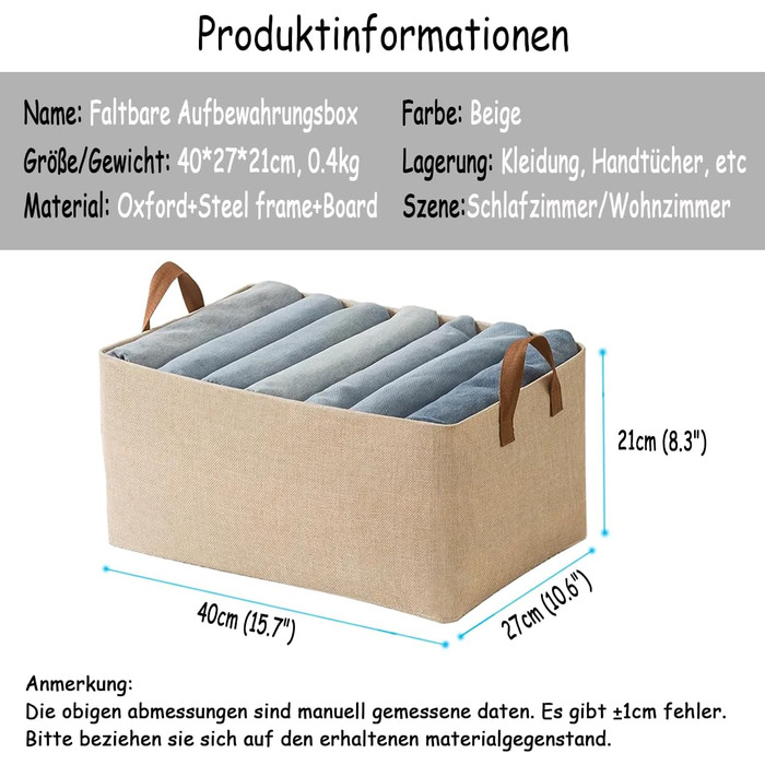 Кошик для зберігання речей з тканини AARAINBOW для шафи, складний органайзер для шафи з ручками, коробка для зберігання на 4 предмети, кошик, що штабелюється, 40x27x21 см (4 бежевого кольору)
