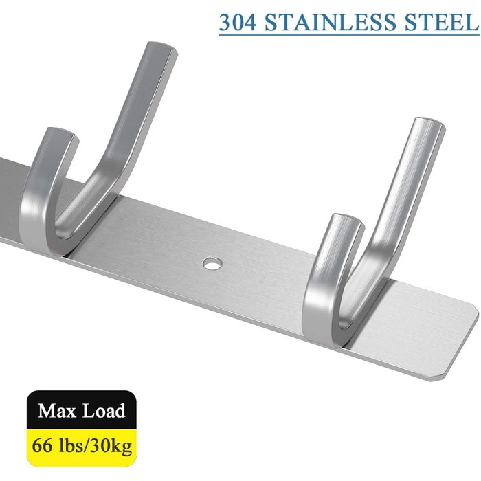 Гачок-рейка з нержавіючої сталі гачки для одягу матовий вигляд подвійні гачки до 30 кг вантажопідйомність гачки (срібло, 6 гачків)