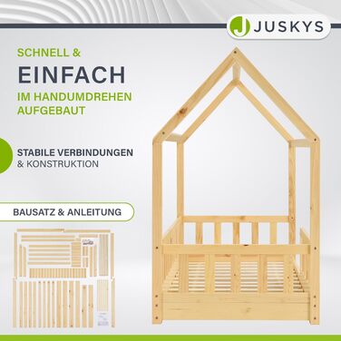 Дитяче ліжко Juskys Marli 90 x 200 см із захистом від падіння, рейковою основою та дахом - Ліжко-будиночок з масиву дерева для дітей - Ліжко натурального коричневого кольору