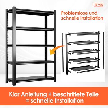 Міцний металевий стелаж 183x90x40 см з 5 регульованими металевими полицями Стелаж для зберігання в підвалі та майстерні Вантажопідйомність до 1000 кг Чорний 183 x 90 x 40 см