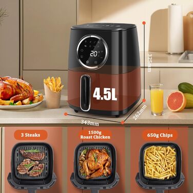 Аерофритюрниця Aigostar 4.2 л, гаряча фритюрниця XXL, фритюрниці без олії, 8 меню та рецептів, світлодіодний сенсорний екран, 1400 Вт, без бісфенолу А