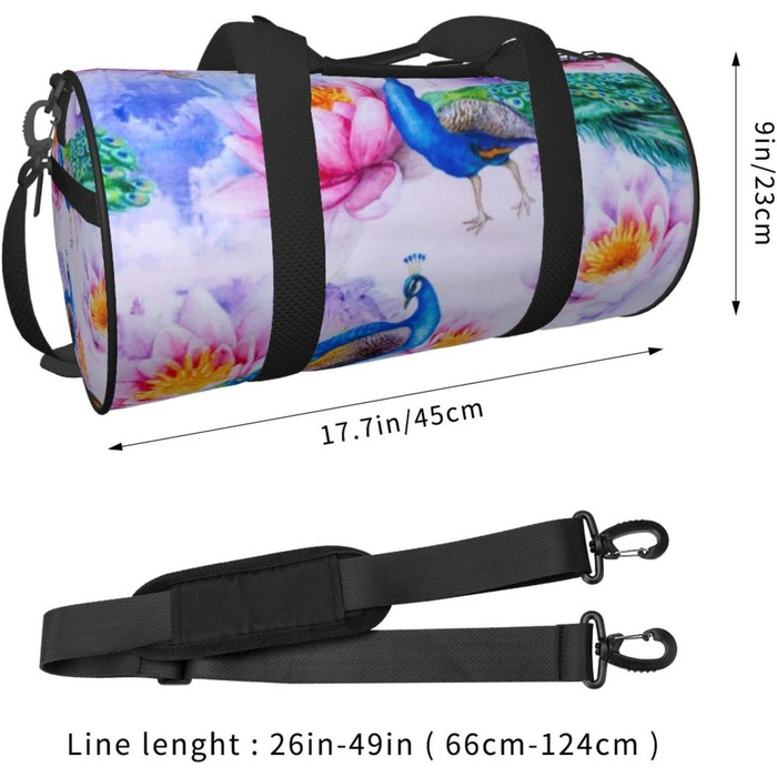 Спортивна сумка для подорожей, стильна з принтом павича та лотоса, дорожня сумка на ніч, чорна, універсальний розмір