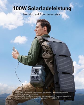 Портативна електростанція Anker SOLIX C300, акумулятор LiFePO4 ємністю 288 Втгод, сонячний генератор потужністю 300 Вт (макс. 600 Вт), двостороння швидка зарядка 140 Вт, для кемпінгу, відпочинку на природі, подорожей, надзвичайних ситуацій, у дорозі (соня