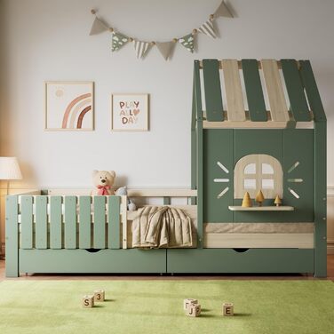 Дитяче ліжко 90x200 см, дерев&39яне ліжко з 2 шухлядами, ліжко-будиночок з дахом та вікном, каркас ліжка з рейковою основою, для дівчаток та хлопчиків, зелене, без матраца 90 x 200 см B