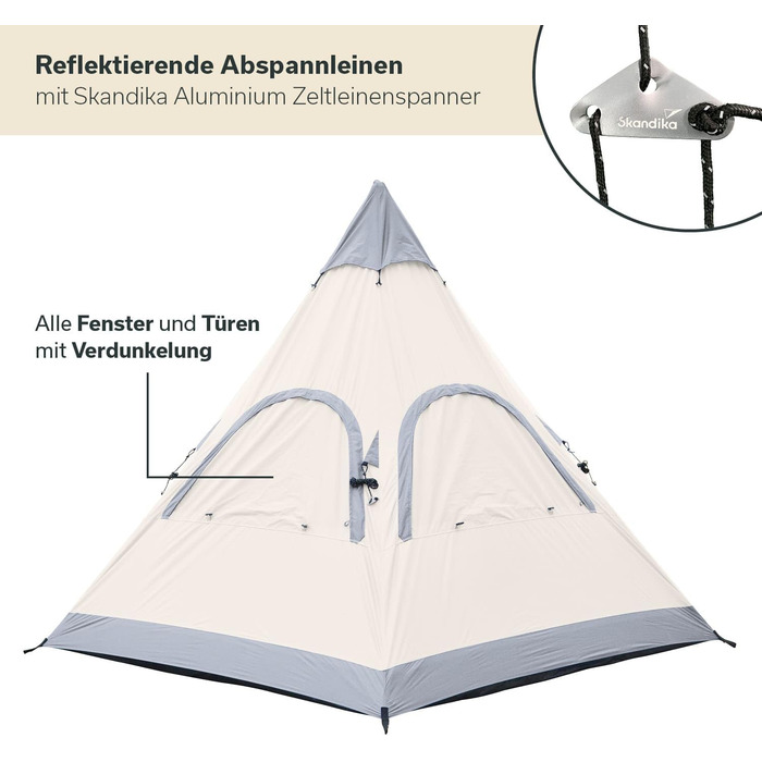 Намет Skandika Tipi Намет на 4-6 осіб, висота стояння 2-3 м, вшитий підлоговий настил, водяний стовп 3000 мм, UV 50, фестивальний намет, вігвам, сімейний намет Для активного відпочинку, кемпінгу, глемпінгу 335 290 см бежевий/сірий