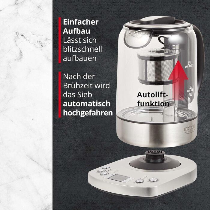 Електричний чайник з налаштуванням температури та автоматичним опусканням вставки ситечка, виготовлений зі скла з функцією збереження тепла, налаштуванням часу заварювання та світлодіодним світлом, адаптованим до сортів чаю, 170 TWE