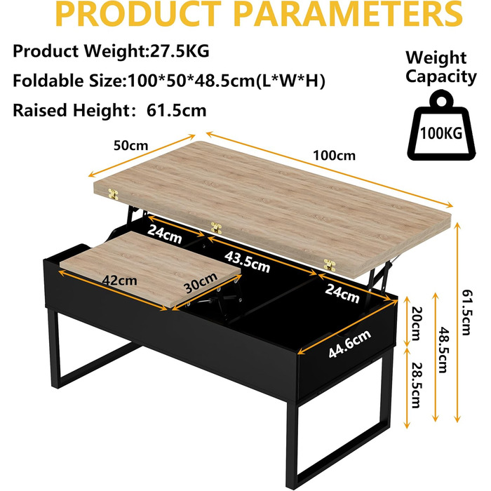 Розсувний журнальний столик з регульованою висотою, шухлядами та відкритим відділенням, коричнево-чорний, легкий підйом та закриття, більші приховані відділення