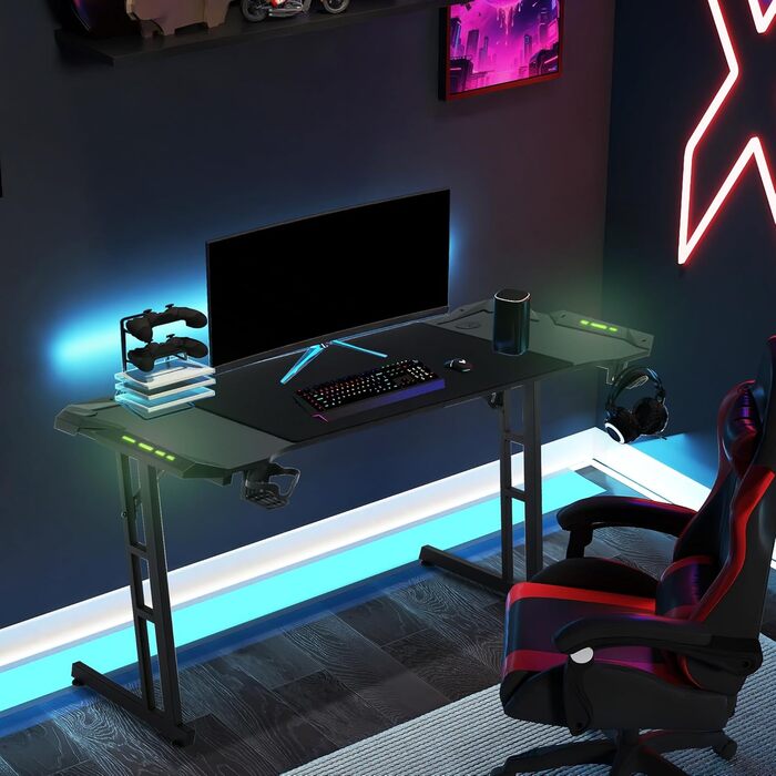 Ігровий стіл AufuN 120 x 60 см, ігровий стіл зі світлодіодним підсвічуванням, гачком для навушників та підставкою для чашки, міцний комп&39ютерний стіл, стіл для роботи стоячи, робочий стіл, ігровий стіл для ПК (тип B зі світлодіодним підсвічуванням) 120 