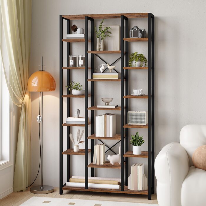 Книжкова полиця Hzuaneri, стояча полиця з 7 рівнями та 18 полицями, регульовані відкриті полиці, для вітальні, офісу, спальні, 30 x 100 x 202 см, вінтажний коричнево-чорний, BC15601B 30 x 100 x 202 см вінтажний коричнево-чорний
