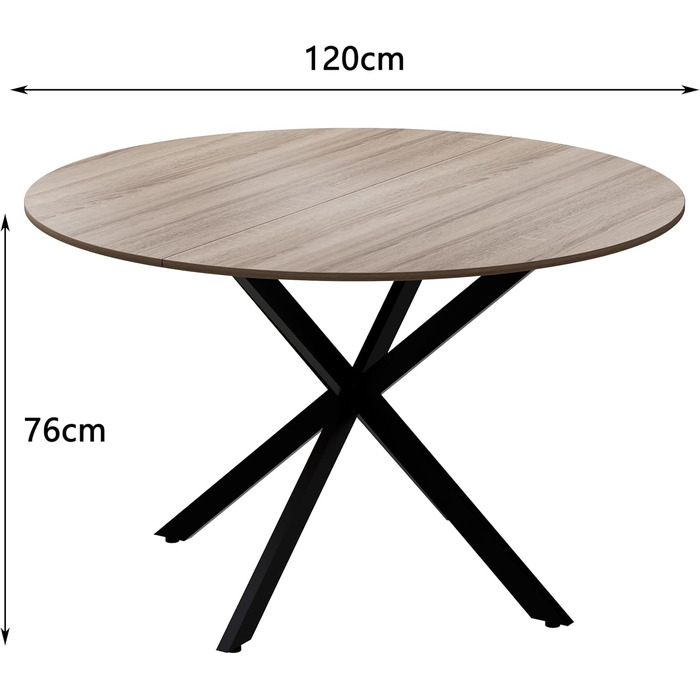 Круглий обідній стіл MSFE, круглий кухонний стіл 120 см, дерев&39яний кухонний стіл, ретро-індустріальний обідній стіл з чорними металевими ніжками та оздобленням з натурального горіха, лише 1 круглий стіл