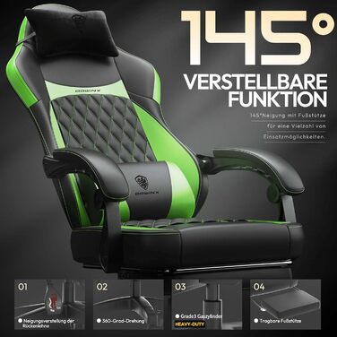 Ігрове крісло Dowinx, гоночне ігрове крісло, ергономічне ігрове крісло з поперековою опорою, ігрове крісло зі штучної шкіри 150 кг, зелене