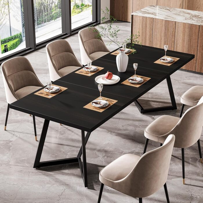 Обідній стіл Tribesigns 180 см для 6-8 осіб, сучасний обідній стіл з металевим каркасом, прямокутний кухонний стіл для їдальні вдома (чорний)