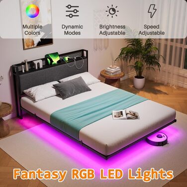 Ліжко-платформа 120 x 200 см з LED-підсвічуванням та USB-зарядною станцією, металевий каркас ліжка-платформи з м&39яким узголів&39ям для зберігання речей, міцні металеві ламелі, безшумне/темно-сірий колір