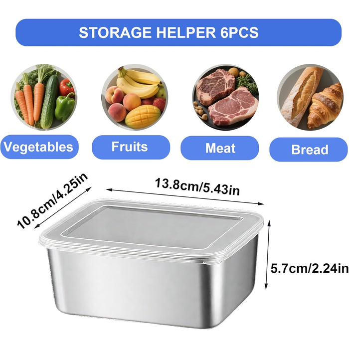 Контейнерів для зберігання продуктів з кришками, харчова сталь, багаторазові та штабельовані, контейнери для нарізок для холодильника, кухонні контейнери для сиру, фруктів, салатів, 6