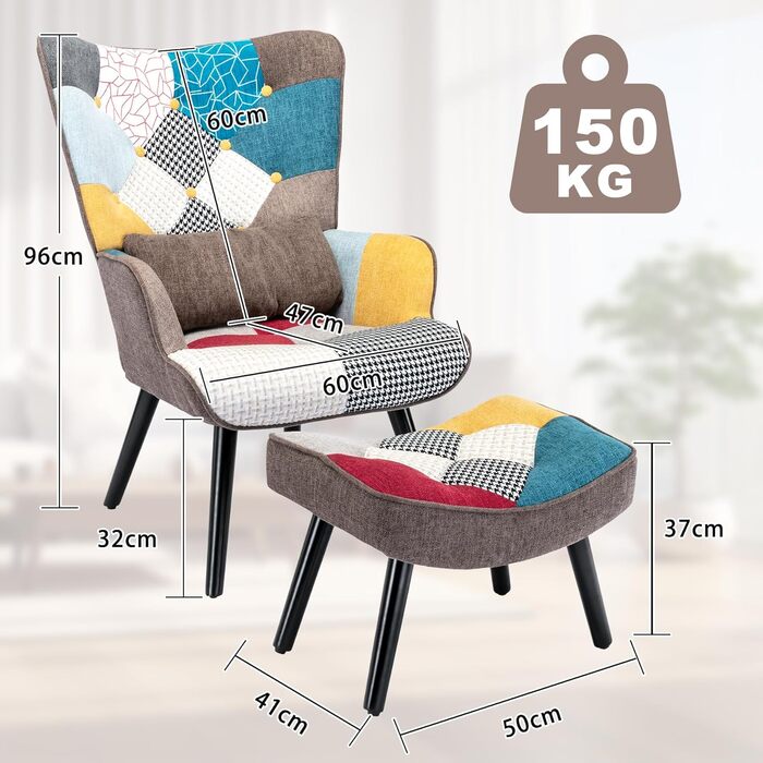 Крісло-відкидка з пуфом, крісло в стилі печворк, дерев&39яне крісло, сучасне крісло-підголовок для вітальні з ніжками з масиву дерева, крісло під телевізор, лляне крісло для відпочинку, коричневе крісло