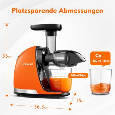 Переможець тесту овочів та фруктів на соковижималку AMZCHEF - Соковижималка Повільна соковижималка з функцією зворотного жування - Ніжне подрібнення без фільтрації - Електрична соковижималка зі щіткою та 2 чашками - Яскравий помаранчевий