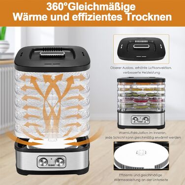 Дегідратор YASHE GGJ-261A з 5 регульованими по висоті лотками, регулюванням температури від 35-70C, дегідратором для фруктів і овочів потужністю 240 Вт, кнопковим керуванням без BPA 5 лотків без BPA