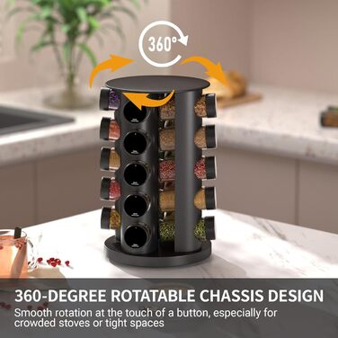 Кругла чорна підставка для спецій з 20 чорними круглими банками для спецій, карусель для спецій з нержавіючої сталі, що обертається на 360, органайзер для спецій, підставка для спецій, банки для спецій зі вставкою-шейкером, кругла банка для спецій B 20