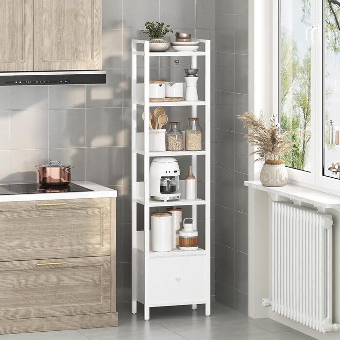 Книжкова полиця з шухлядою, окремостояча полиця, з 6 полицями, 33 x 24 x 157,5 см, книжкова шафа з металевим каркасом, органайзер для вітальні, кабінету або кухні, біла ABKWT66101 6 полиць (33 x 24 x 157,5 см) Біла