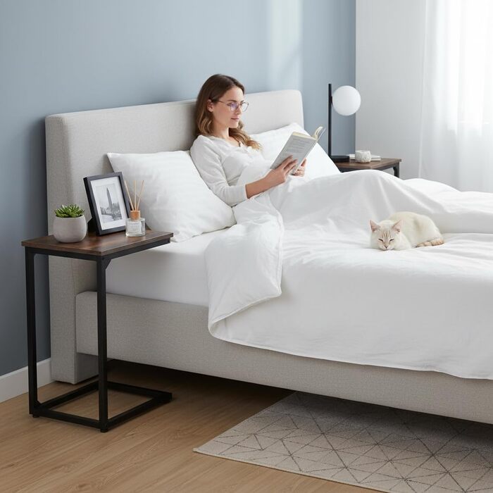 Набір з 2 приставних столиків AMHANCIBLE, журнальний столик C-подібної форми, стіл для вітальні з металевим каркасом, мобільний журнальний столик, журнальний столик-диван для кави та ноутбука, приставний столик для спальні, вітальня, коричневий