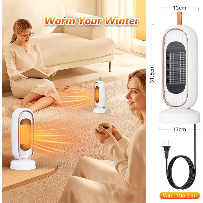 Тепловентилятор потужністю 1300 Вт, керамічний нагрівач PTC, тихий вентилятор, термостат, захист від перегріву та перекидання, для офісу, дому, спальні