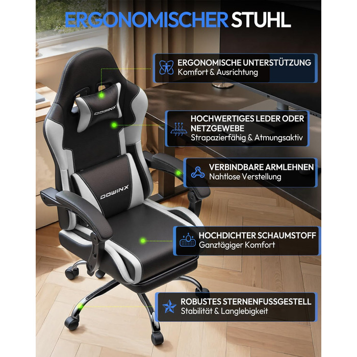 Ігрове крісло Dowinx, офісне крісло, масажне ігрове крісло з регульованими по висоті підлокітниками, ергономічне ігрове крісло з підставкою для ніг, м&39яке ігрове крісло, нахил спинки 150, до 180 кг, білий колір