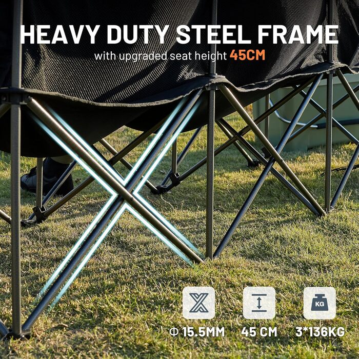 Складаний кемпінговий стілець TIMBER RIDGE для 2 осіб, велика ширина 160 см, диван XXL для кемпінгу, вантажопідйомність 320 кг, складний стілець для 2-місного кемпінгу з великими боковими кишенями, висока спинка для саду на свіжому повітрі, балкон, викори