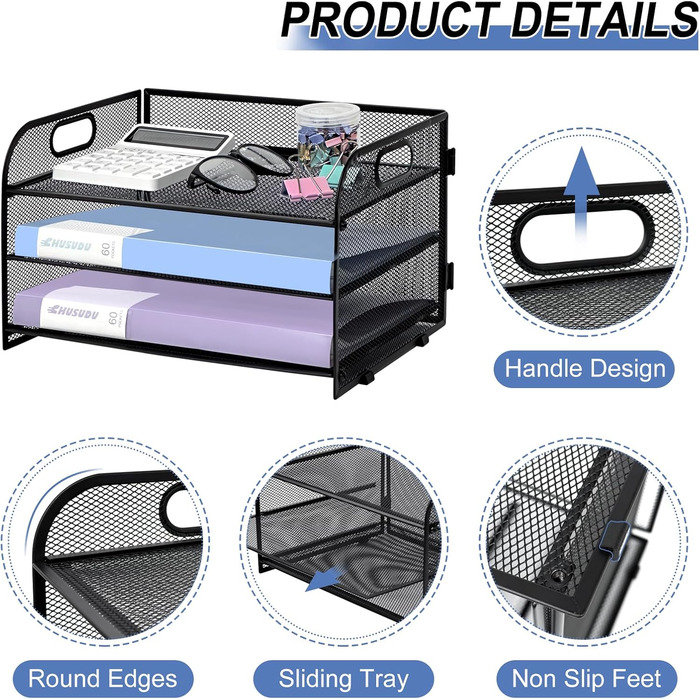 Органайзер для столу з ручкою, 3-ярусний лоток для листів, сітчасті відділення для документів формату А4, органайзер для паперових листів формату А4, лоток для документів, чорний.