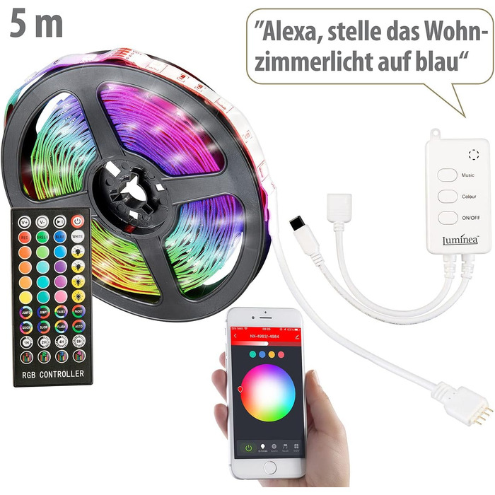 Світлодіодна стрічка Luminea Home Control світлодіодна стрічка WLAN RGB з керуванням звуком, додаток, голосове керування, 5 м (світлодіодне скляне освітлення підлоги, світлодіодна стрічка WiFi, освітлення шафи)