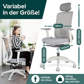 Ергономічне офісне крісло - Переможець тесту - Високо індивідуально регульоване офісне крісло з підголівником та поперековою опорою, 3D підлокітниками та дихаючою сіткою - Офісне крісло 150 кг (світло-сіре) з підголівником світло-сірий / сірий