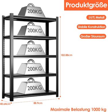 Міцний металевий стелаж 183x90x40 см з 5 регульованими металевими полицями Стелаж для зберігання в підвалі та майстерні Вантажопідйомність до 1000 кг Чорний 183 x 90 x 40 см