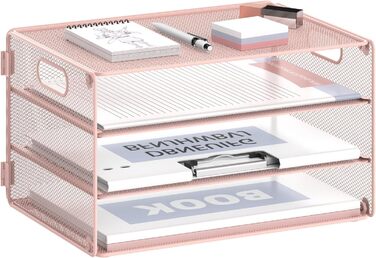 Ярусний лоток для листів, органайзер для паперу з ручкою, лоток для документів, настільний органайзер для школи, офісний органайзер, лоток для листів, металева сітка, рожевий, 3-