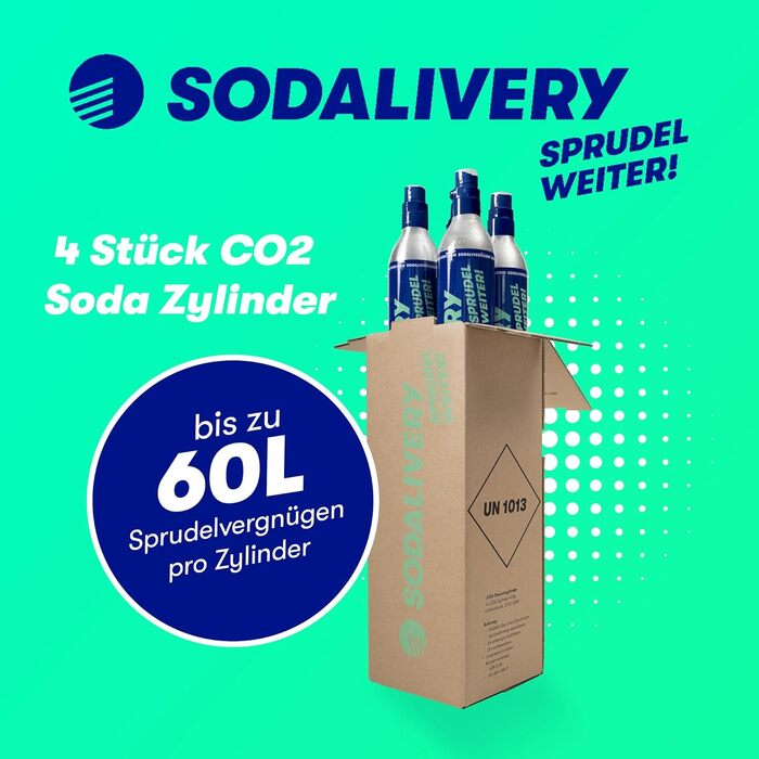И Циліндр Sodalivery CO2 425 г/60 л балон з вуглекислим газом включаючи 4 заправки або зворотний депозит підходить для Sodastream Crystal, Crystal 2.0 Sodapop, Aarke, Philips Зроблено в Німеччині, 4 шт.