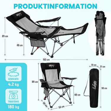 В-1 кемпінгове крісло 180 кг з підставкою для ніг, пляжне крісло з 4-позиційною регульованою спинкою, складне крісло-реклайнер з підсклянником, кемпінгове крісло для використання на свіжому повітрі, , чорний колір, 2-