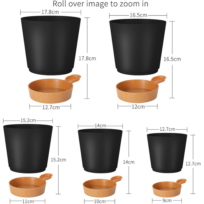 Горщики для рослин 17,8/16,5/15,2/13,9/12,7см GARDIFE кашпо самополивне з дренажним отвором, пластикові горщики для квітів, розсад