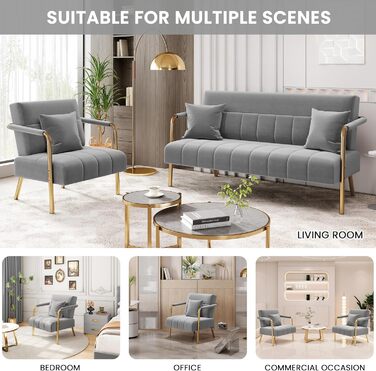 Крісло Yaheetech, оксамитове крісло для відпочинку, м&39яке крісло з металевими ніжками, одинарне крісло шириною 71,5 см, розслаблююче крісло для вітальні/домашнього офісу, світло-сіре