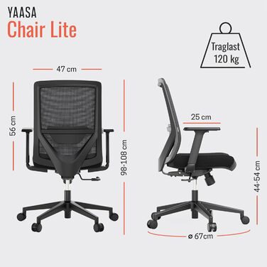 Ергономічне офісне крісло Yaasa Chair Lite, чорного кольору Робоче крісло з поперековою опорою та 1D підлокітниками Обертове крісло з плавно регульованим натягом спинки Домашній офіс та офіс 120 кг, чорний, Lite