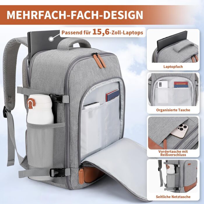 Новий рюкзак ZOMFELT для ручної поклажі Ryanair 40x30x20, 24 л, для чоловіків та жінок, рюкзак для ручної поклажі Wizzair та Eurowings, рюкзак для ноутбуків 15,6 дюймів, сірий