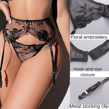 Жіночий сексуальний мереживний комплект панчіх та пояса для панчіх, комплект білизни з прозорої сітки з 4 металевими затискачами, регульовані колготки в сітку, пояс для панчіх стрінги панчохи з 3 предметів, розмір M, чорний