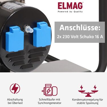 Бензиновий генератор ELMAG SEB 3300W Генератор з 4-тактним двигуном з повітряним охолодженням, потужністю 3,8 кВт та баком 3,1 л 2 x 230 В Schuko 16 A Аварійний генератор із синхронним генератором, захистом від перевантаження та ручним запуском