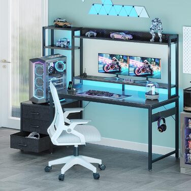 Ігровий стіл Coleshome з полицями та шухлядами, 13748 см Ігровий стіл зі світлодіодним освітленням та розеткою, комп&39ютерний стіл з полицями та підставкою для монітора, чорний колір з вуглецевого волокна Карбонове волокно Чорний 13748 см